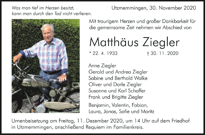  Traueranzeige für Matthäus Ziegler vom 05.12.2020 aus Schwäbische Zeitung