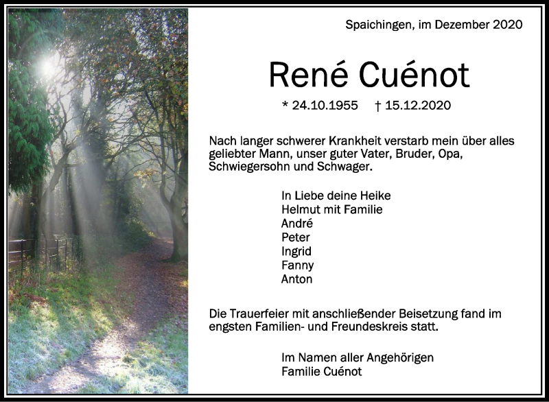  Traueranzeige für Rene Cuenot vom 24.12.2020 aus Schwäbische Zeitung