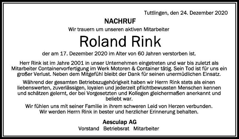  Traueranzeige für Roland Rink vom 24.12.2020 aus Schwäbische Zeitung