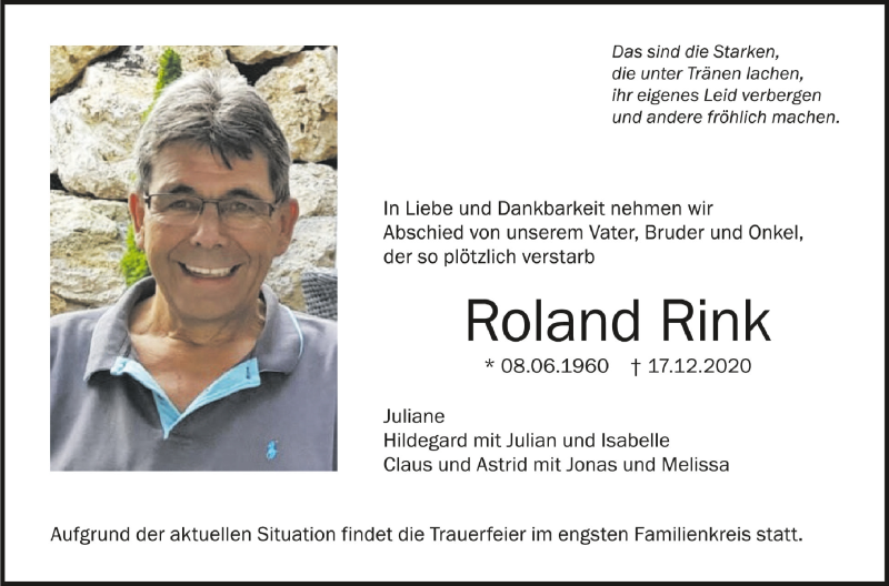  Traueranzeige für Roland Rink vom 23.12.2020 aus Schwäbische Zeitung
