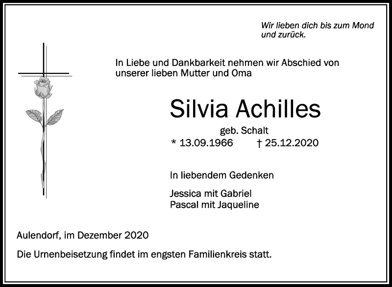  Traueranzeige für Silvia Achilles vom 29.12.2020 aus Schwäbische Zeitung