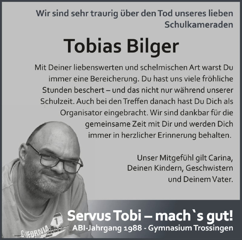  Traueranzeige für Tobias Bilger vom 30.12.2020 aus Schwäbische Zeitung