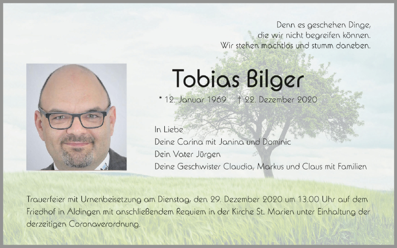  Traueranzeige für Tobias Bilger vom 28.12.2020 aus Schwäbische Zeitung