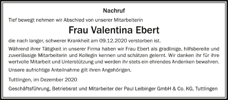  Traueranzeige für Valentina Ebert vom 23.12.2020 aus Schwäbische Zeitung