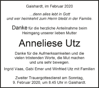 Anzeige von Anneliese Utz von Schwäbische Zeitung