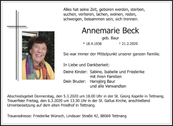 Traueranzeigen von Annemarie Beck | schwaebische.de Trauerportal