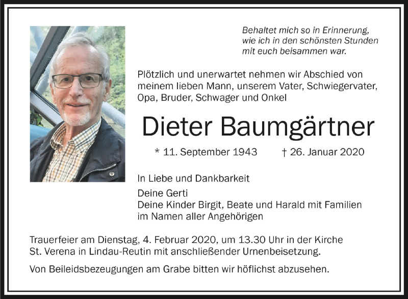 Traueranzeigen von Dieter Baumgärtner | schwaebische.de Trauerportal