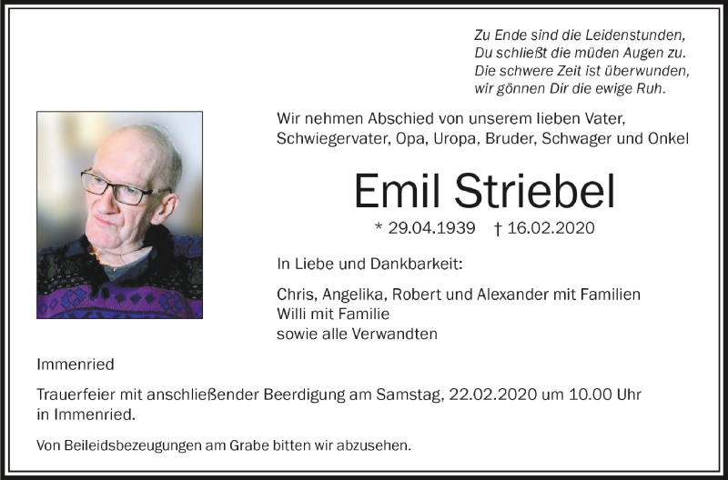  Traueranzeige für Emil Striebel vom 20.02.2020 aus Schwäbische Zeitung