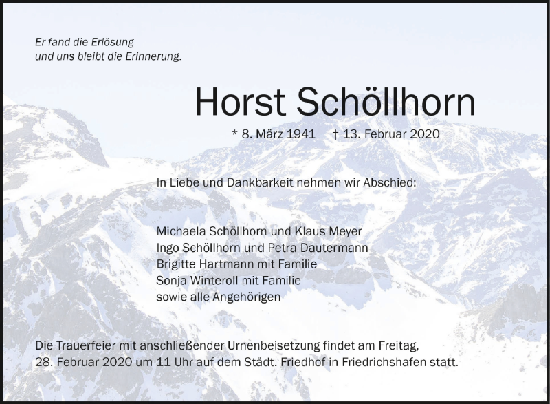  Traueranzeige für Horst Schöllhorn vom 22.02.2020 aus Schwäbische Zeitung