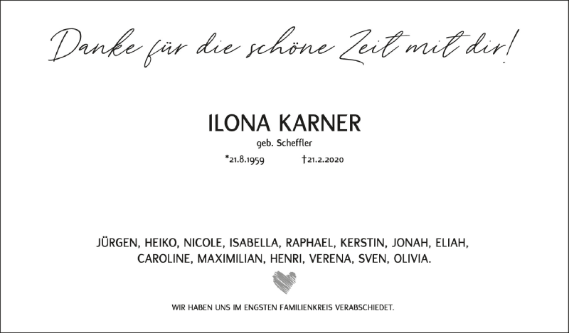 Traueranzeige für Ilona Karner vom 28.02.2020 aus Schwäbische Zeitung