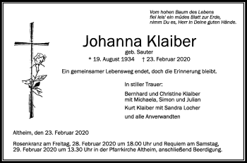 Anzeige von Johanna Klaiber von Schwäbische Zeitung