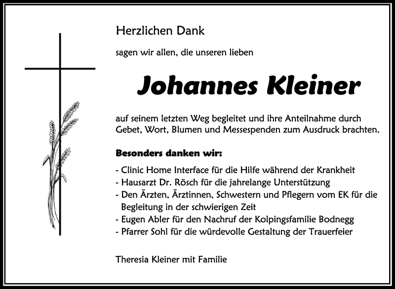  Traueranzeige für Johannes Kleiner vom 08.02.2020 aus Schwäbische Zeitung