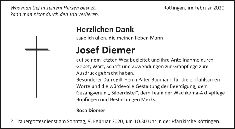  Traueranzeige für Josef Diemer vom 05.02.2020 aus Schwäbische Zeitung