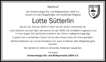 Anzeige von Lotte Sütterlin von Schwäbische Zeitung