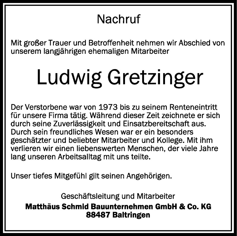  Traueranzeige für Ludwig Gretzinger vom 15.02.2020 aus Schwäbische Zeitung