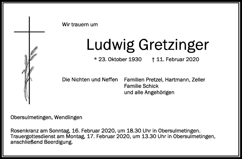  Traueranzeige für Ludwig Gretzinger vom 15.02.2020 aus Schwäbische Zeitung