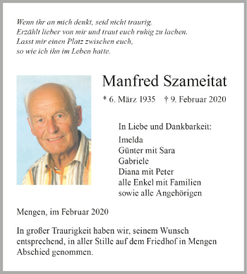 Anzeige von Manfred Szameitat von Schwäbische Zeitung