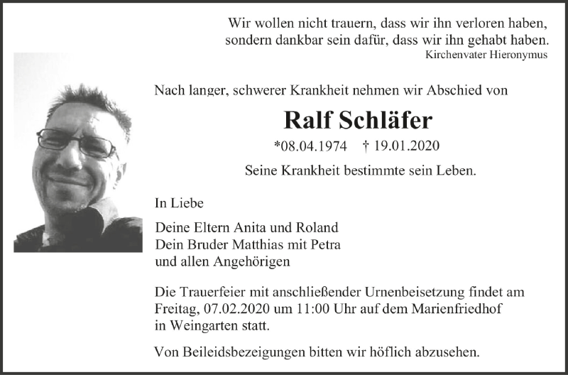  Traueranzeige für Ralf Schläfer vom 01.02.2020 aus Schwäbische Zeitung