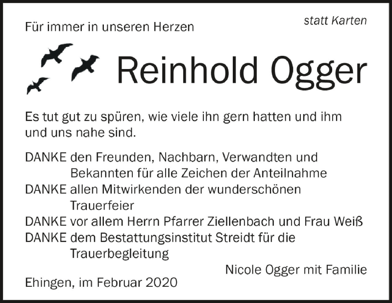  Traueranzeige für Reinhold Ogger vom 22.02.2020 aus Schwäbische Zeitung