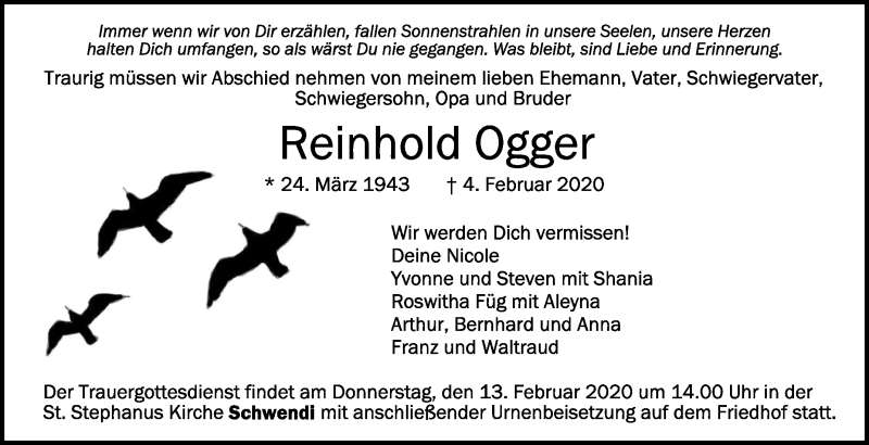  Traueranzeige für Reinhold Ogger vom 11.02.2020 aus Schwäbische Zeitung