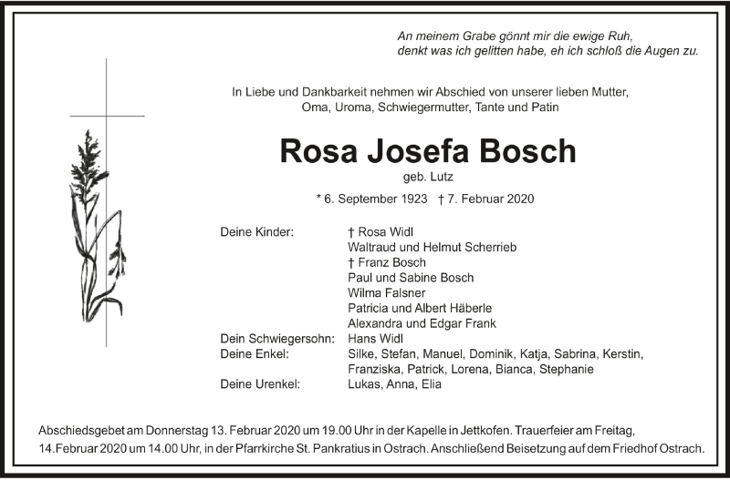 Traueranzeigen von Rosa Josefa Bosch | schwaebische.de Trauerportal