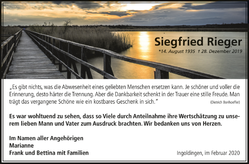  Traueranzeige für Siegfried Rieger vom 28.02.2020 aus Schwäbische Zeitung