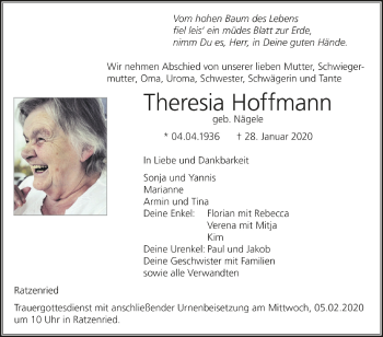 Anzeige von Theresia Hoffmann von Schwäbische Zeitung