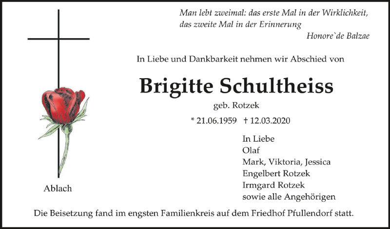  Traueranzeige für Brigitte Schultheiss vom 21.03.2020 aus Schwäbische Zeitung