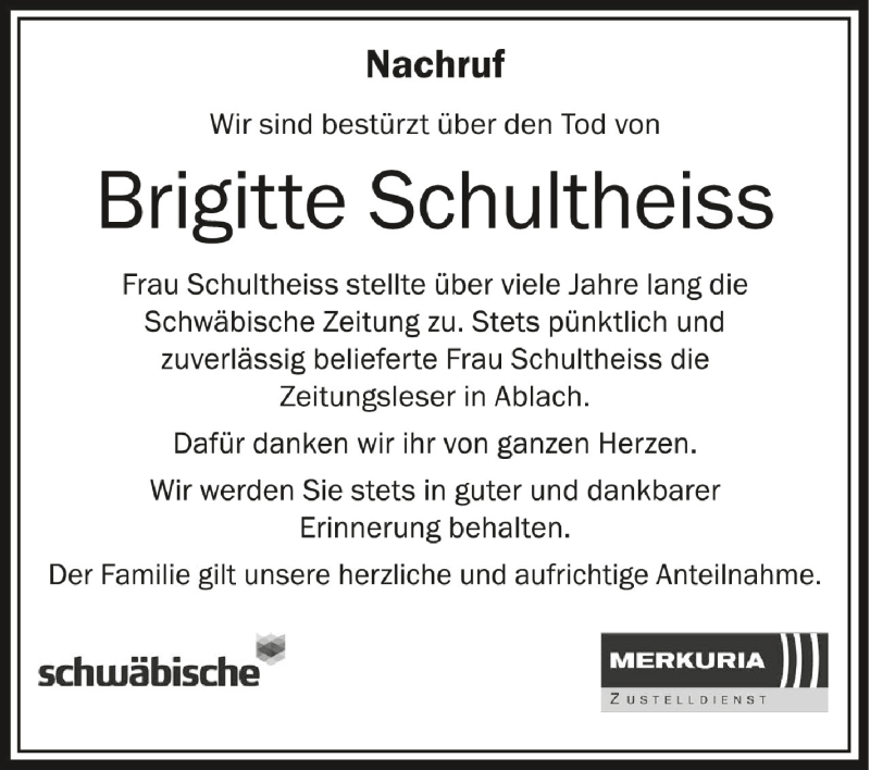  Traueranzeige für Brigitte Schultheiss vom 21.03.2020 aus Schwäbische Zeitung