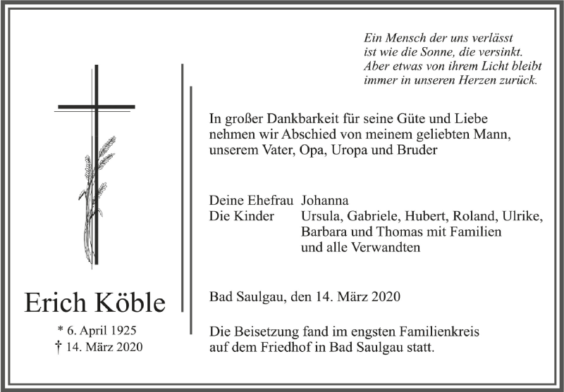  Traueranzeige für Erich Köble vom 21.03.2020 aus Schwäbische Zeitung