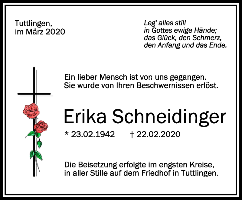  Traueranzeige für Erika Schneidinger vom 05.03.2020 aus Schwäbische Zeitung