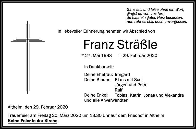  Traueranzeige für Franz Sträßle vom 17.03.2020 aus Schwäbische Zeitung
