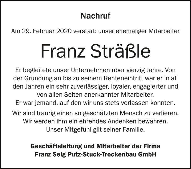  Traueranzeige für Franz Sträßle vom 20.03.2020 aus Schwäbische Zeitung