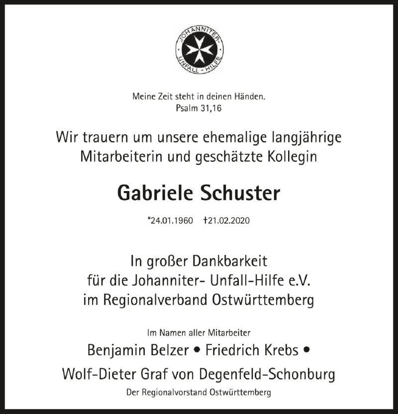 Traueranzeige für Gabriele Schuster vom 05.03.2020 aus Schwäbische Zeitung