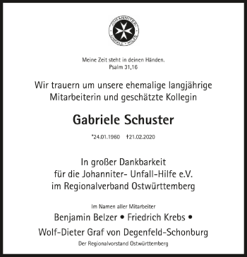 Anzeige von Gabriele Schuster von Schwäbische Zeitung