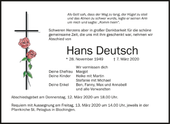 Anzeige von Hans Deutsch von Schwäbische Zeitung