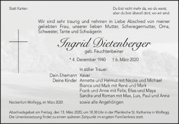 Anzeige von Ingrid Dietenberger von Schwäbische Zeitung