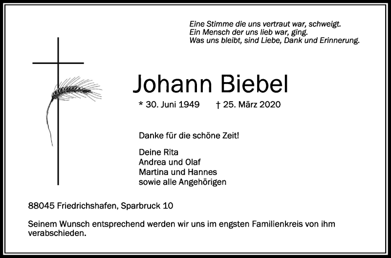  Traueranzeige für Johann Biebel vom 28.03.2020 aus Schwäbische Zeitung
