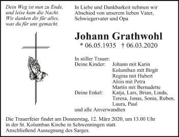 Anzeige von Johann Grathwohl von Schwäbische Zeitung