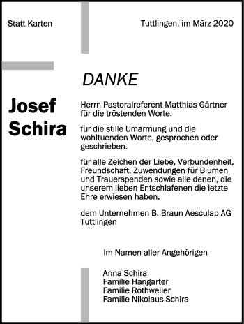 Anzeige von Josefa Schira von Schwäbische Zeitung