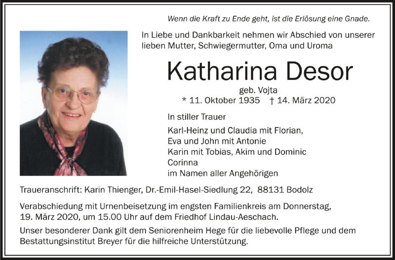 Traueranzeigen Von Katharina Desor Schwaebische De Trauerportal My