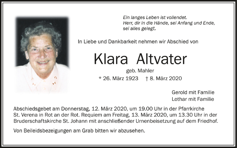  Traueranzeige für Klara Altvater vom 11.03.2020 aus Schwäbische Zeitung