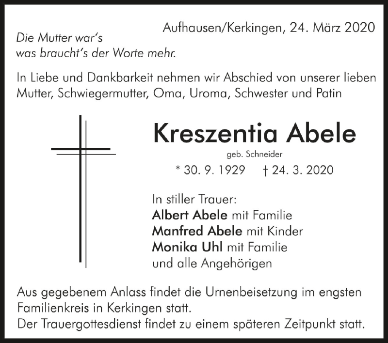 Traueranzeigen Von Kreszentia Abele Schwaebische De Trauerportal My