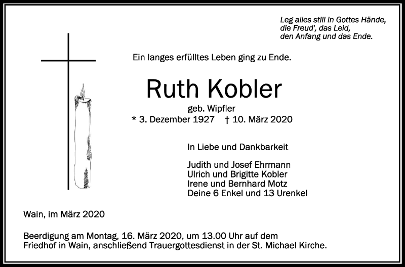 Traueranzeigen von Ruth Kobler | schwaebische.de Trauerportal