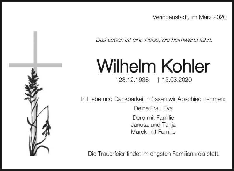  Traueranzeige für Wilhelm Kohler vom 19.03.2020 aus Schwäbische Zeitung