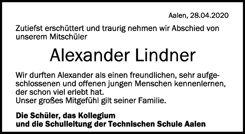  Traueranzeige für Alexander Lindner vom 28.04.2020 aus Schwäbische Zeitung
