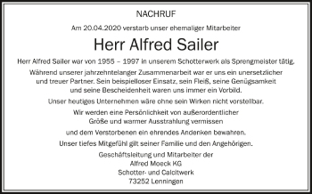 Anzeige von Alfred Sailer von Schwäbische Zeitung