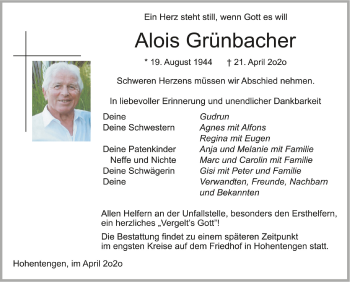 Anzeige von Alois Grünbacher von Schwäbische Zeitung