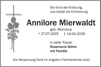 Anzeige von Annilore Mierwaldt von Schwäbische Zeitung