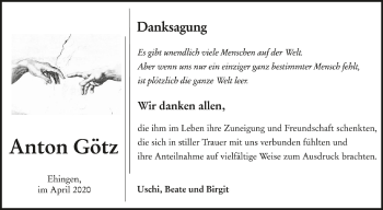 Anzeige von Anton Götz von Schwäbische Zeitung